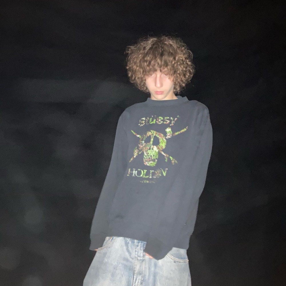 Stussy Black Crewneck with Green Skull Graphic